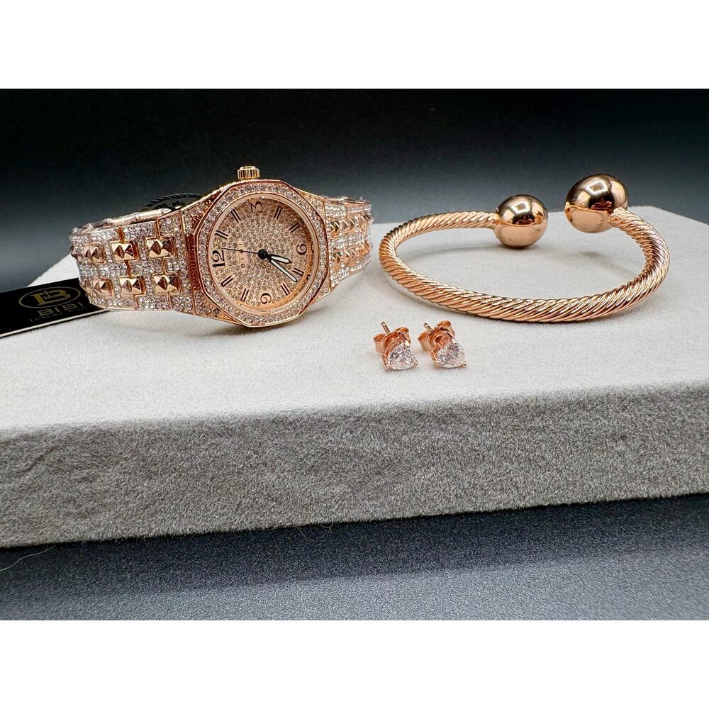 Stunning Rose Gold Iced-Out Watch, Earrings, Bracelet Bundle - Picture 1 of 10